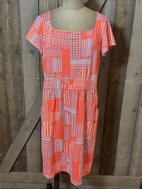J. McLaughlin Coral Blue Geometric Shift Dress XL Pockets Stretch Resort Summer